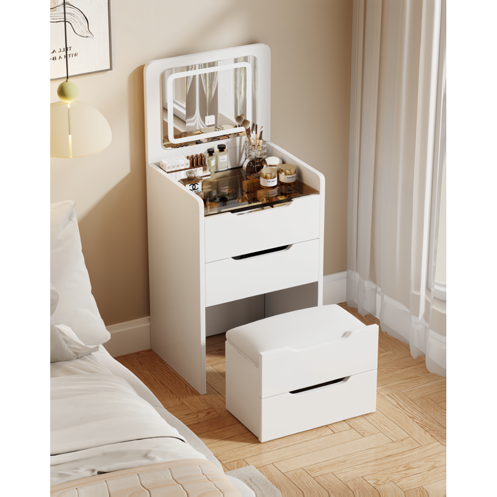 (60cm)3 in 1 vanity desk with plip top mirror,small make up vanity set with visible glass desktop,with 3 drawers