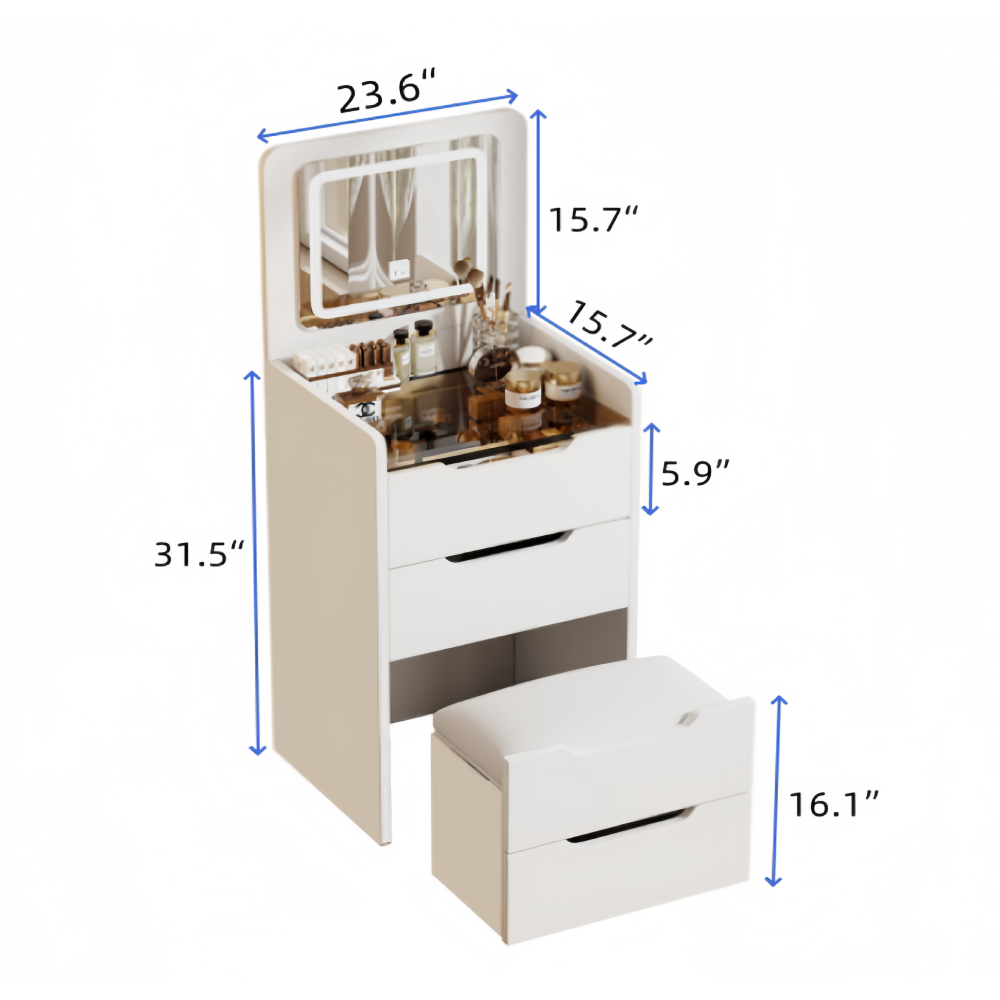 (60cm)3 in 1 vanity desk with plip top mirror,small make up vanity set with visible glass desktop,with 3 drawers