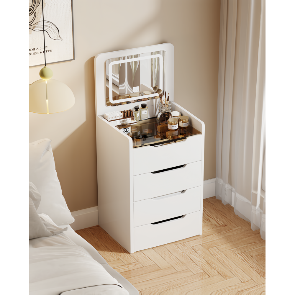 (60cm)3 in 1 vanity desk with plip top mirror,small make up vanity set with visible glass desktop,with 3 drawers