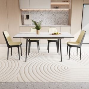 2 6 person expandable pu fabric dining table set elegant spacious black metal legs thick cushioned dining chair for kitchen use