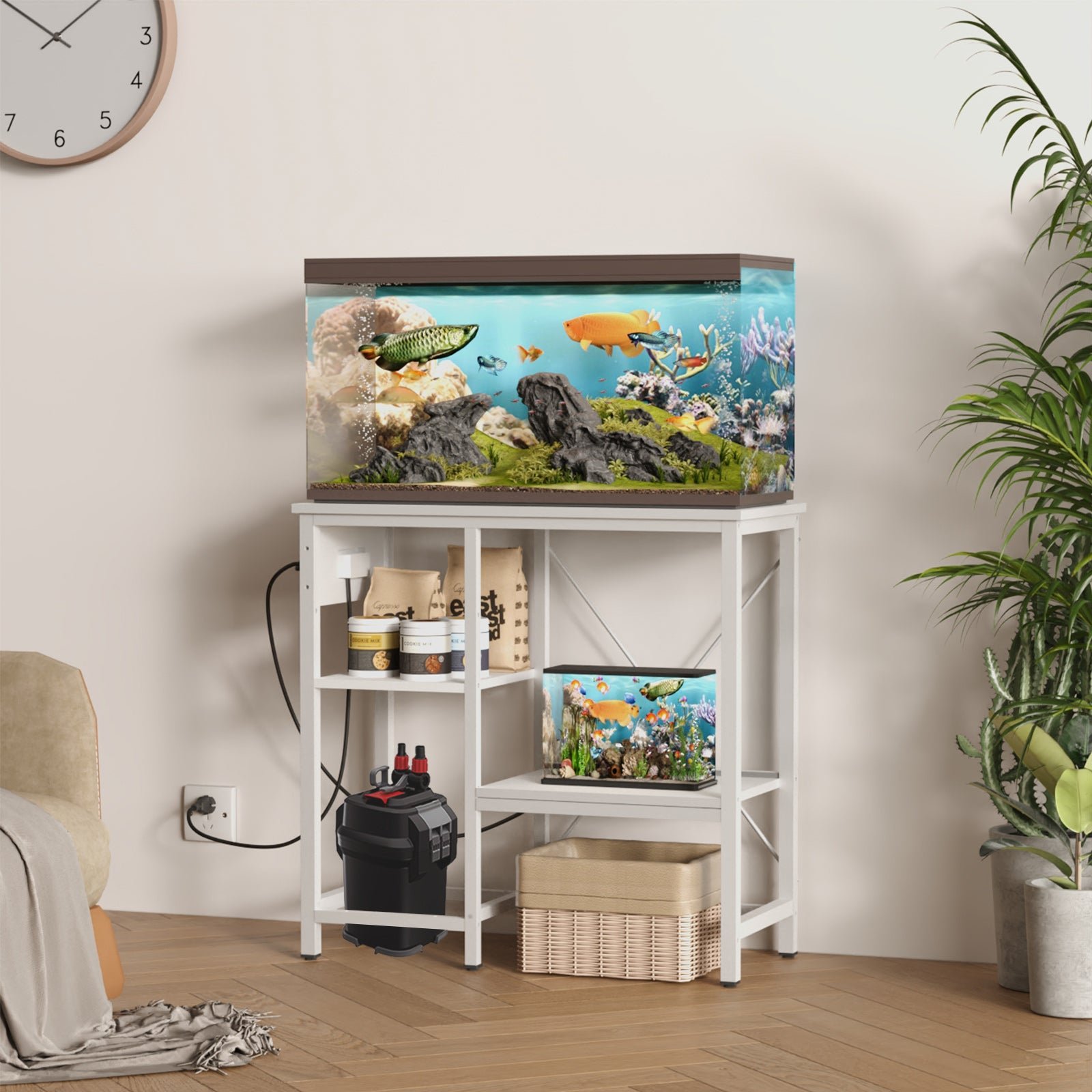 0 29 gallon fish tank stand with power outlet & led light, metal aquarium stand with 3 tier adjustable storage shelves, white