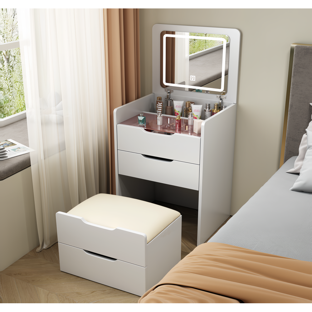 (60cm)3 in 1 vanity desk with plip top mirror,small make up vanity set with visible glass desktop,with 3 drawers