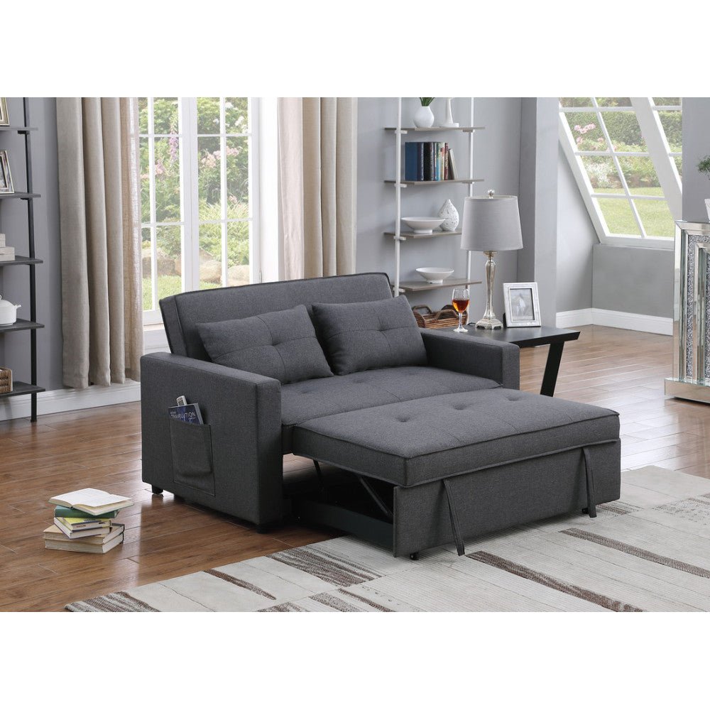 zoey 56" dark gray linen convertible sleeper loveseat with side pocket
