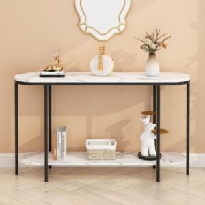 2 tier narrow console table easy assembly faux marble storage shelves for entryway living bedroom hallway office in black white