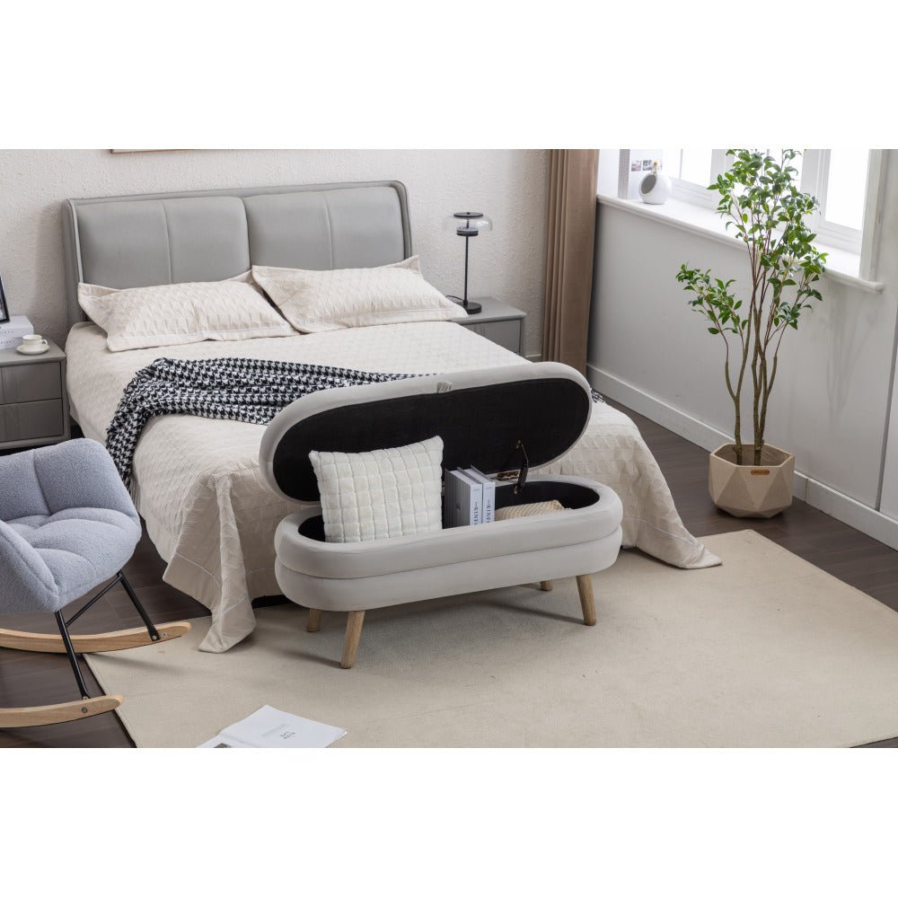 036 velvet fabric storage bench bedroom bench with wood legs for living room bedroom indoor,light gray