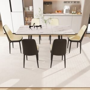 2 6 person expandable pu fabric dining table set elegant spacious black metal legs thick cushioned dining chair for kitchen use