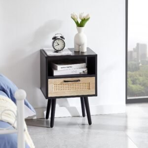 15.75" wooden end table with drawer and wood legs, modern nightstand, side table for living room