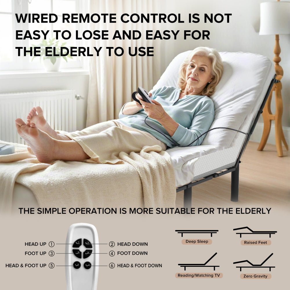 zero clearance adjustable bed base frame head and foot incline quiet motor queen size zero gravity