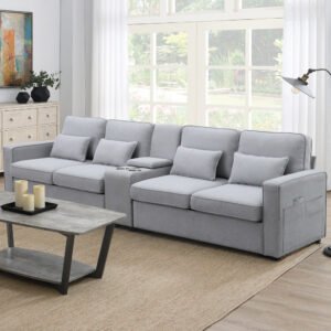 114.2" upholstered sofa with console, 2 cupholders and 2 usb ports wired or wirelessly charged