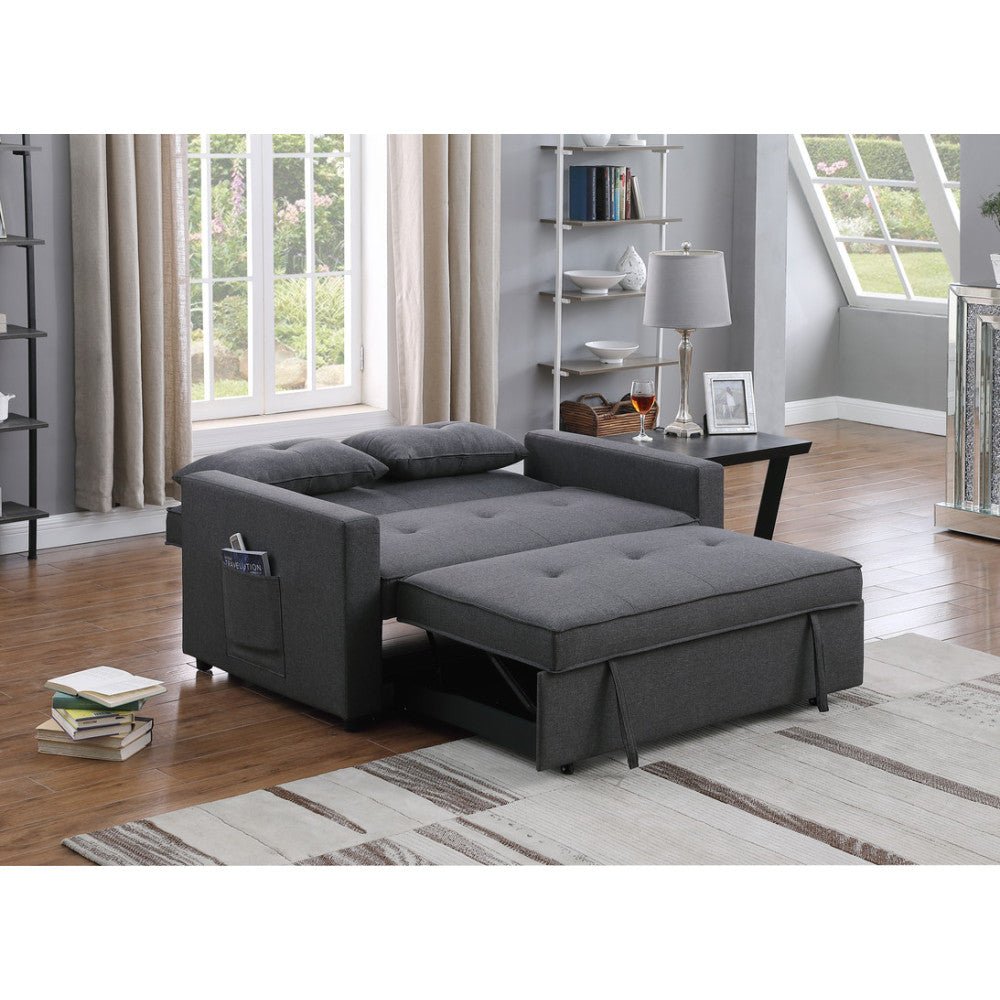 zoey 56" dark gray linen convertible sleeper loveseat with side pocket