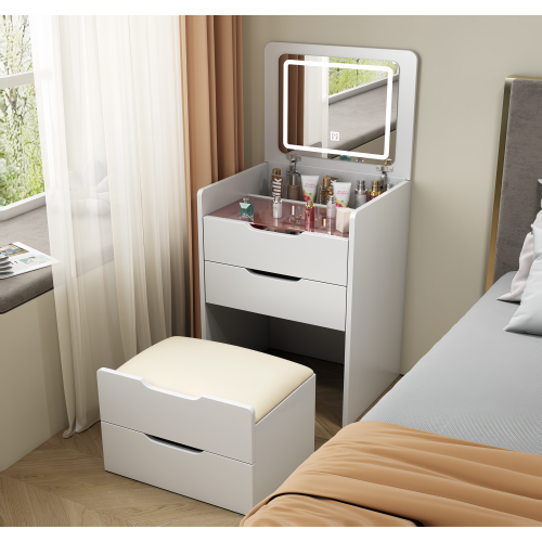 (60cm)3 in 1 vanity desk with plip top mirror,small make up vanity set with visible glass desktop,with 3 drawers
