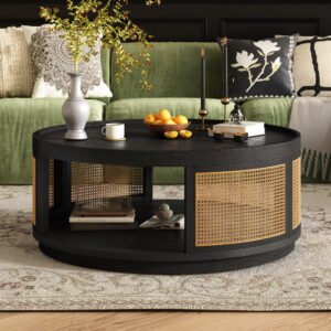 36.8'' wooden mid century modern coffee table, round cane coffee table with pe rattan side for living room,brown