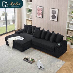 111.4 inch black corduroy reversible chaise lounge sofa cup holders lockers armrests modern design for living room free shipping