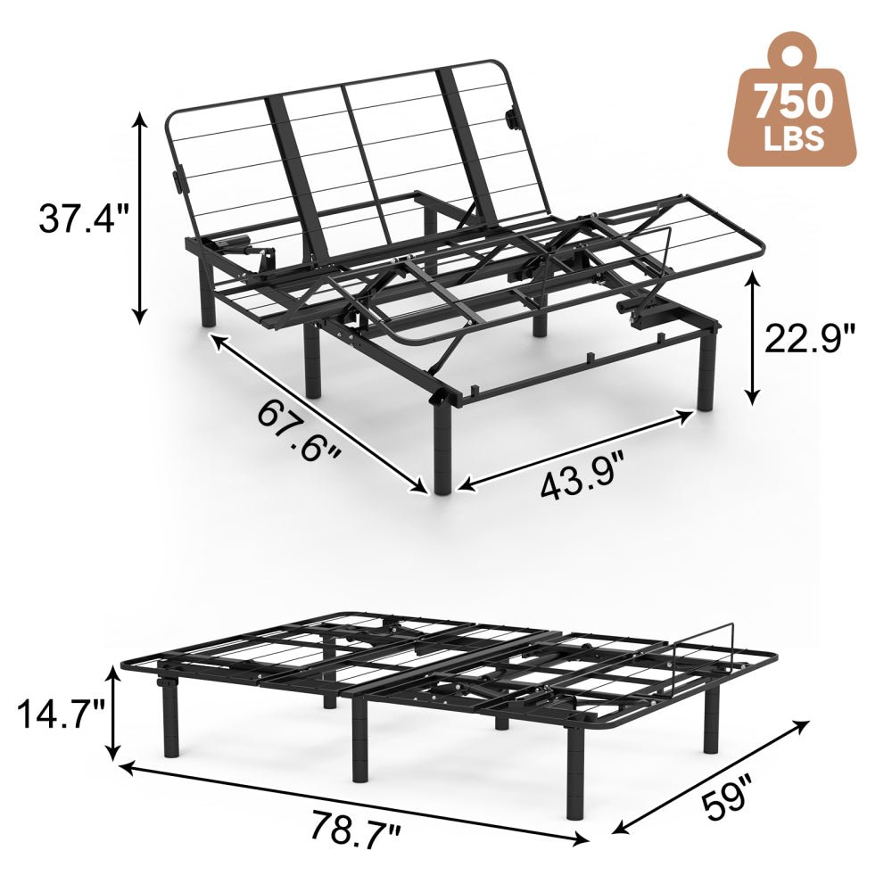 zero clearance adjustable bed base frame head and foot incline quiet motor queen size zero gravity