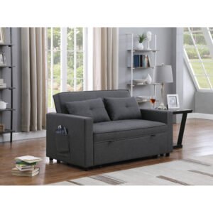 zoey 56" dark gray linen convertible sleeper loveseat with side pocket
