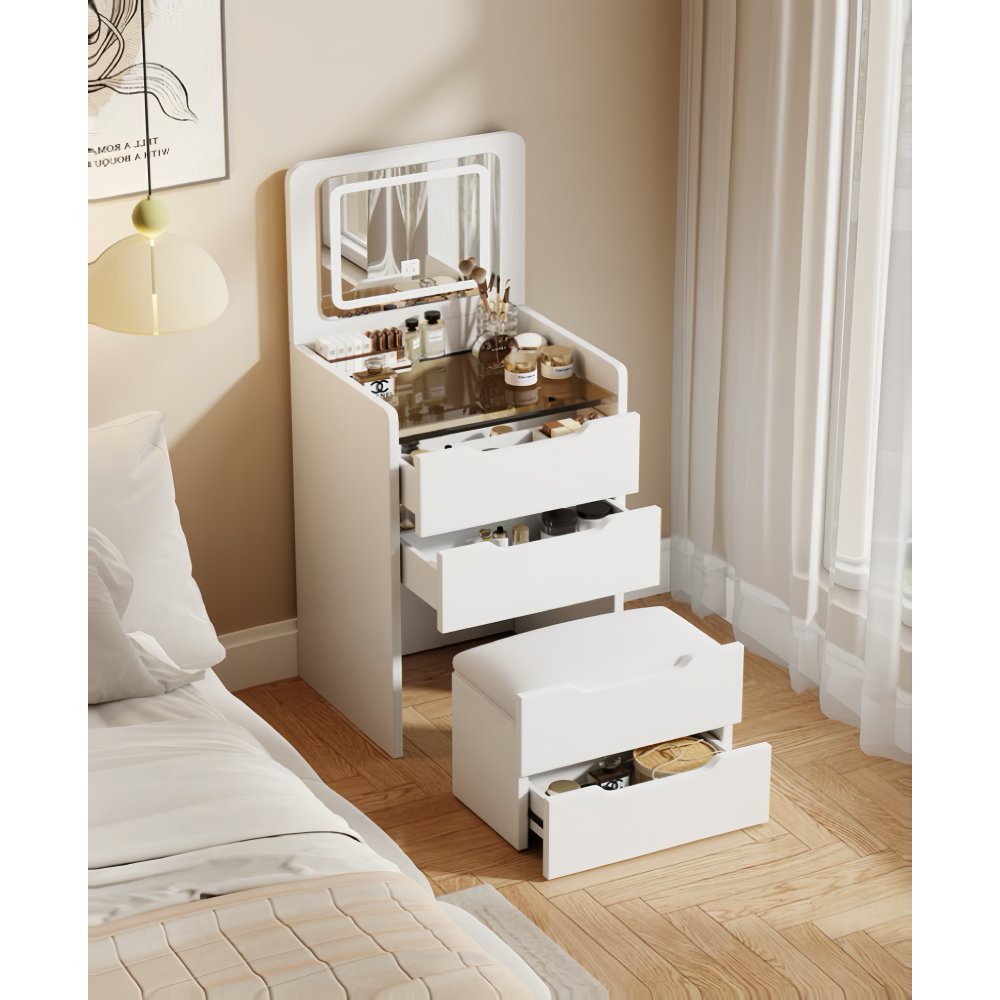 (60cm)3 in 1 vanity desk with plip top mirror,small make up vanity set with visible glass desktop,with 3 drawers